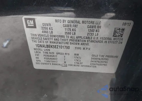 2014 Chevrolet Equinox 1Lt из США, поврежденный, VIN 1GNALBEK5EZ101790